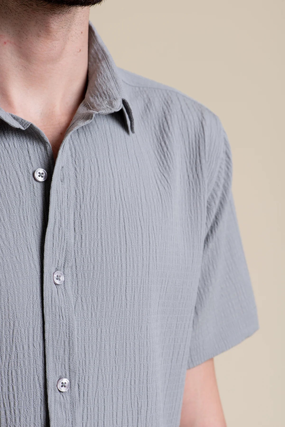 Grey Textured Slim Fit Short Sleeve Shirt