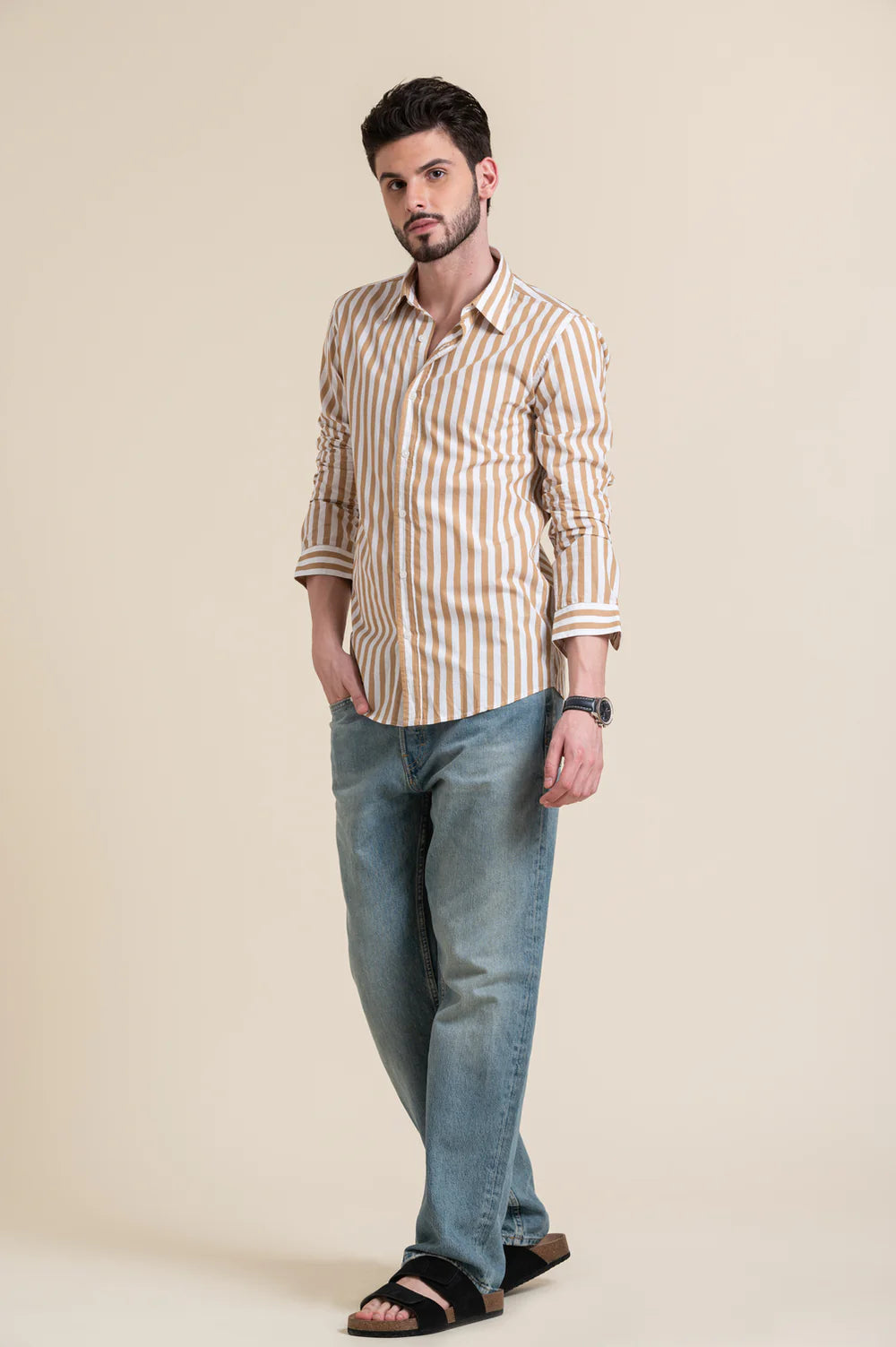 Beige & White Striped Casual Cotton Shirt