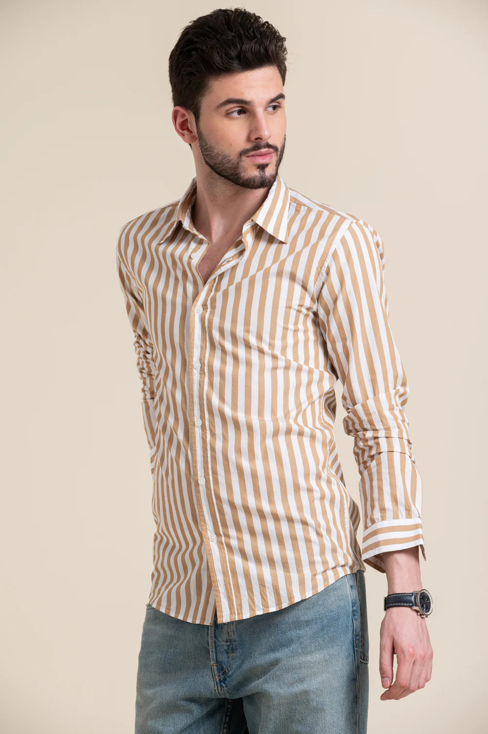 Beige & White Striped Casual Cotton Shirt