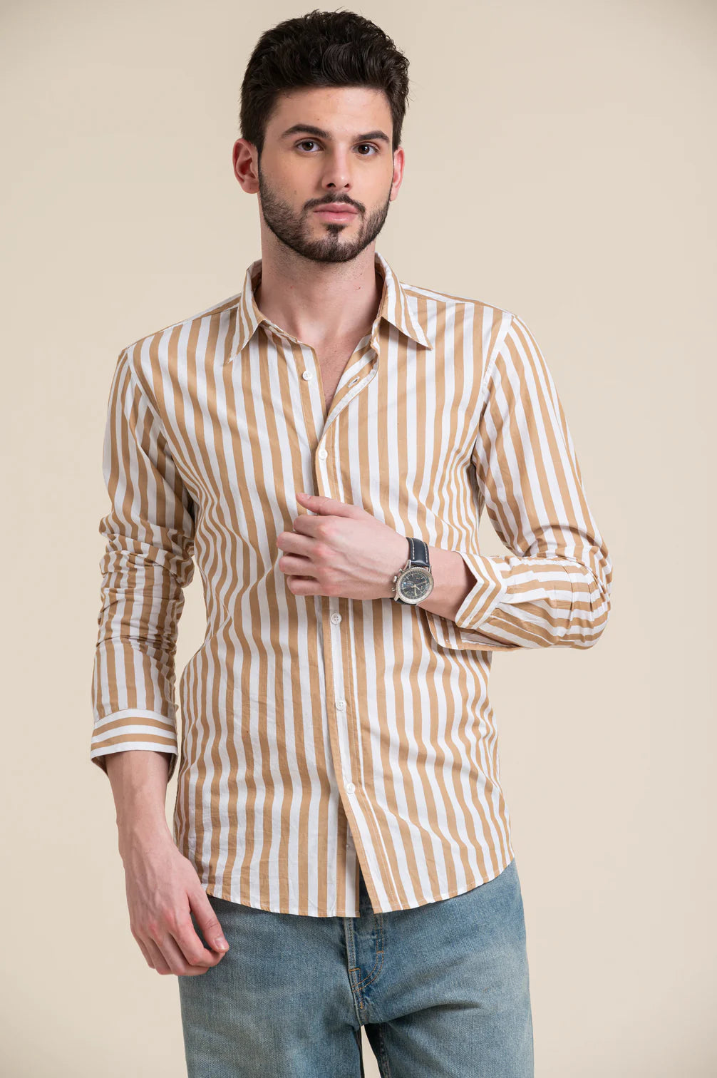 Beige & White Striped Casual Cotton Shirt