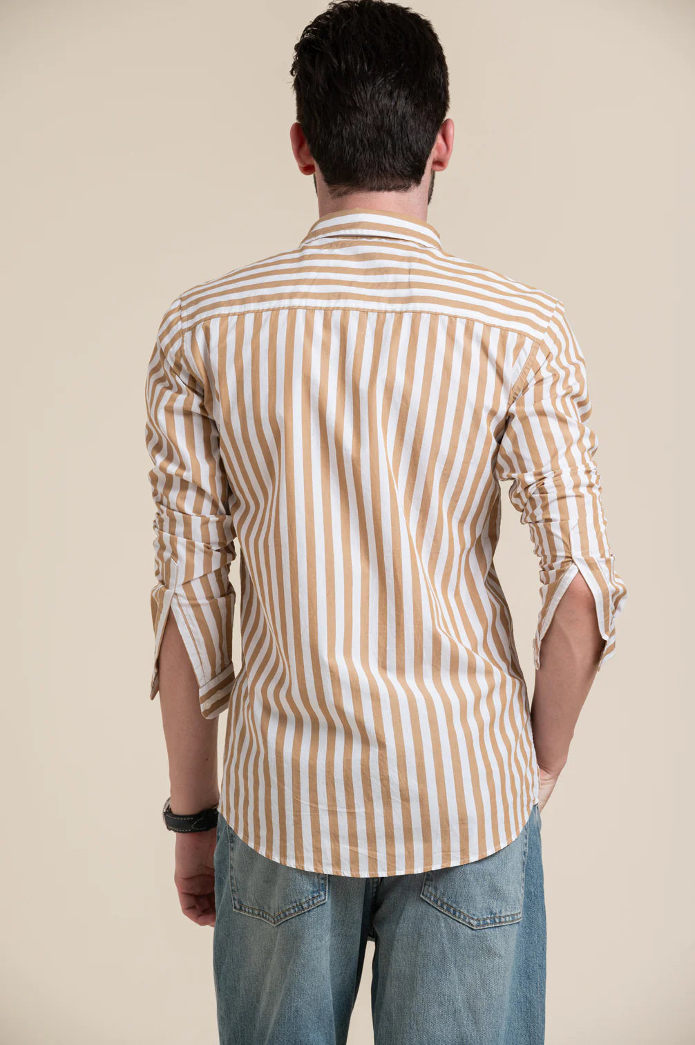Beige & White Striped Casual Cotton Shirt