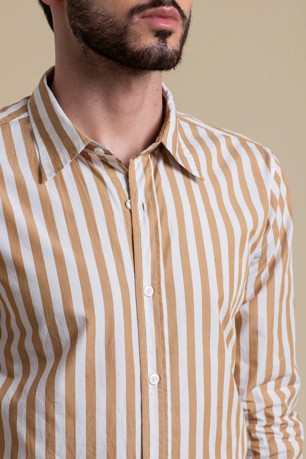 Beige & White Striped Casual Cotton Shirt