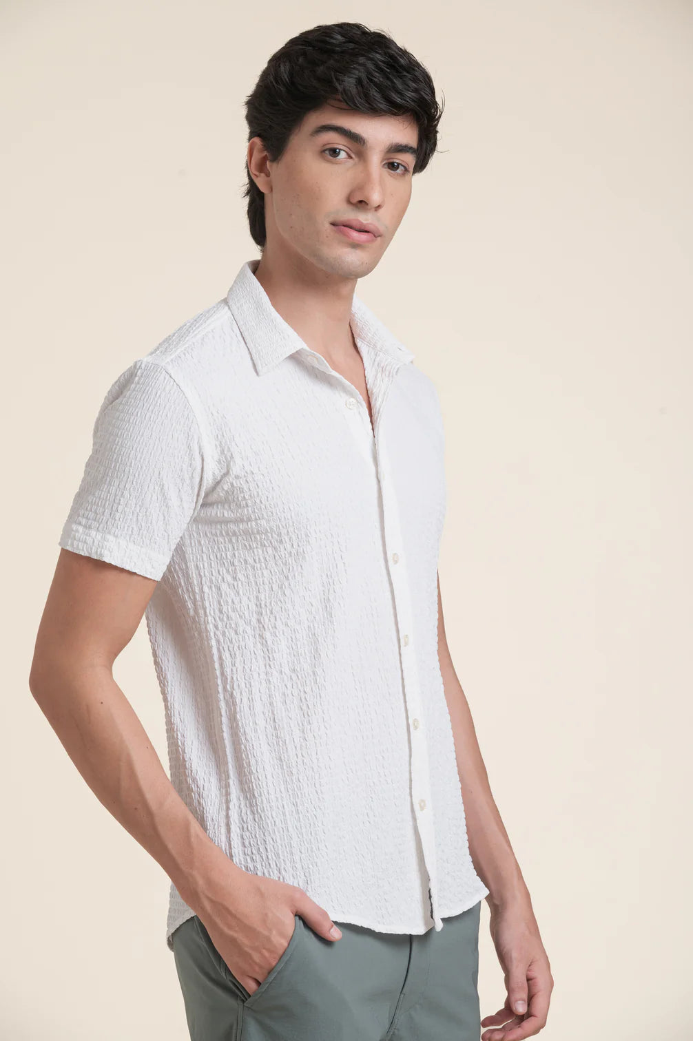 White Textured Slim Fit Casual Shirt