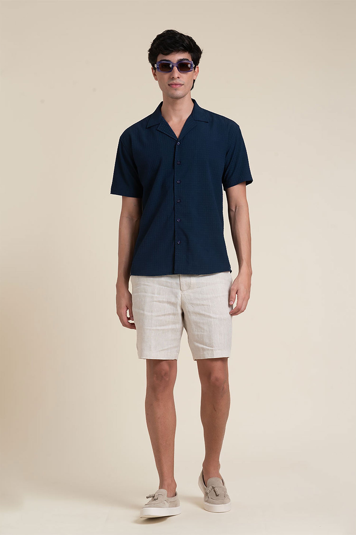 NAVY CUBAN COLLAR HALF SLEEVE SHIRT