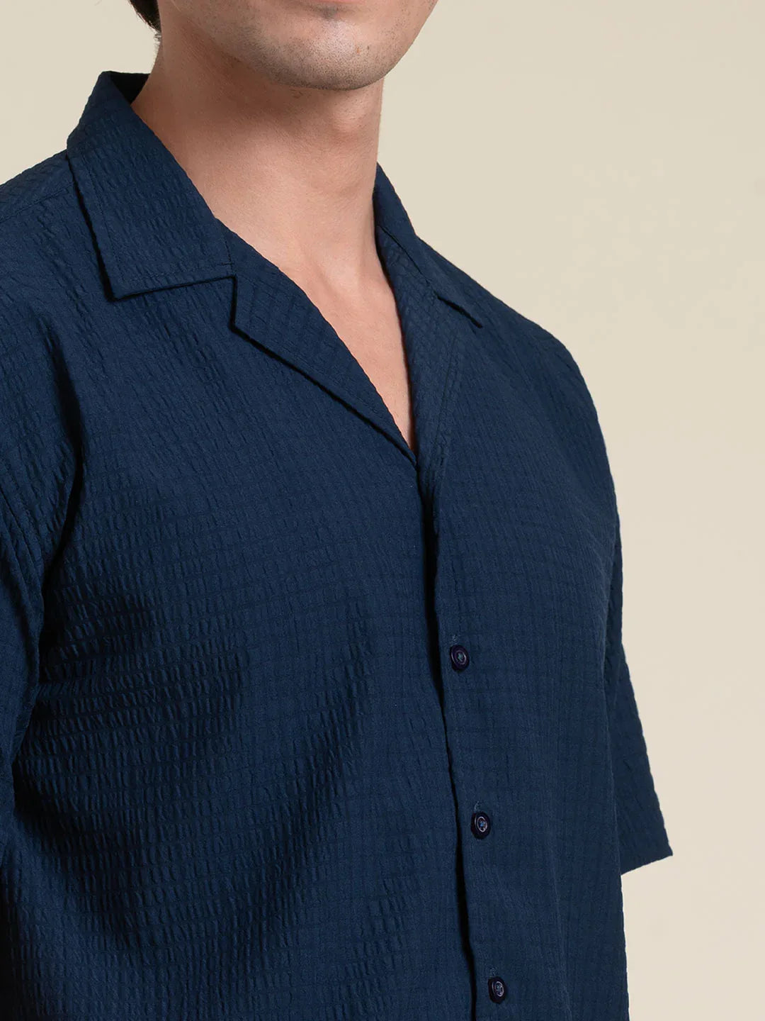 Navy Cuban Collar Half Sleeve Shirt