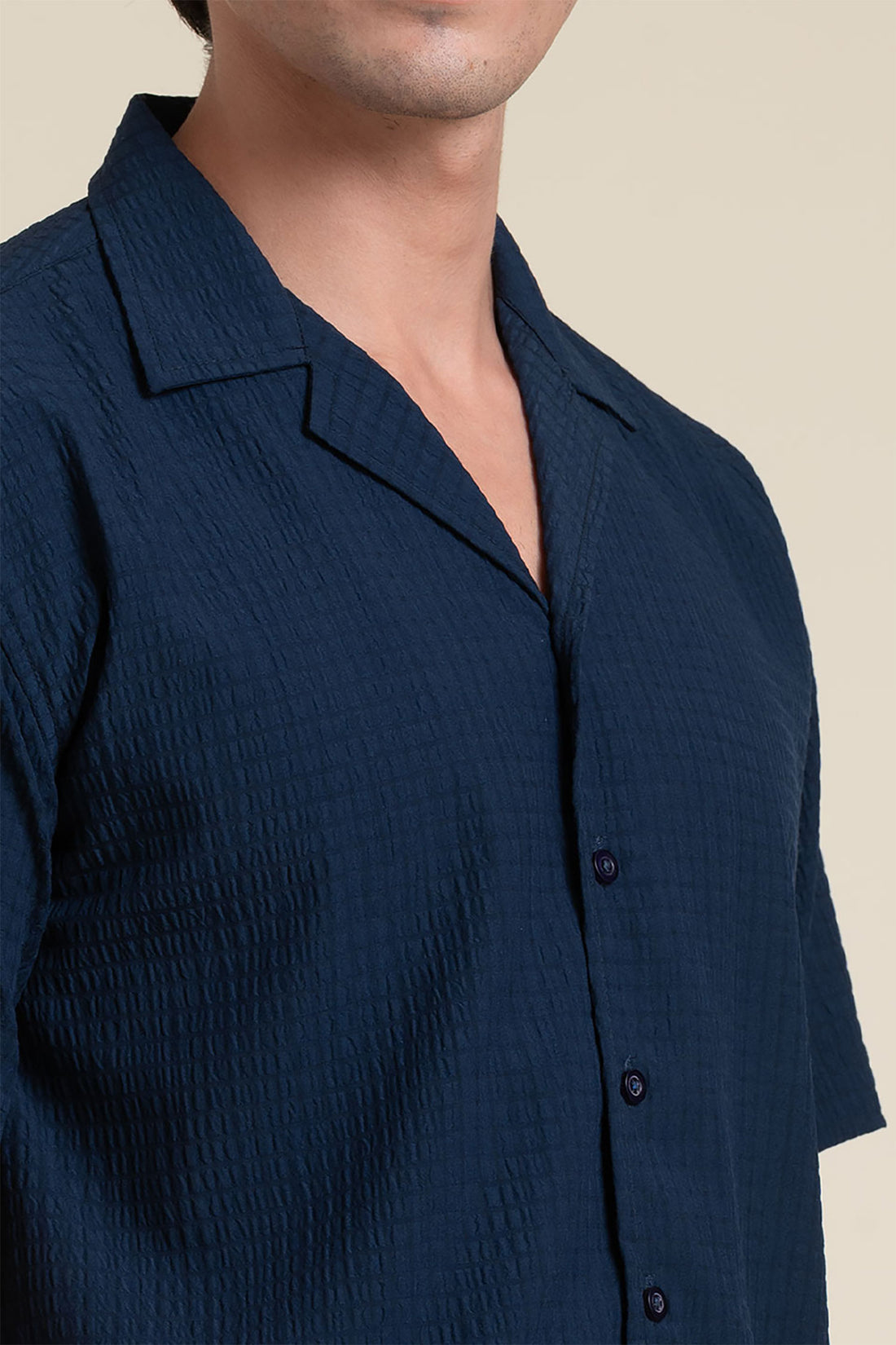 NAVY CUBAN COLLAR HALF SLEEVE SHIRT