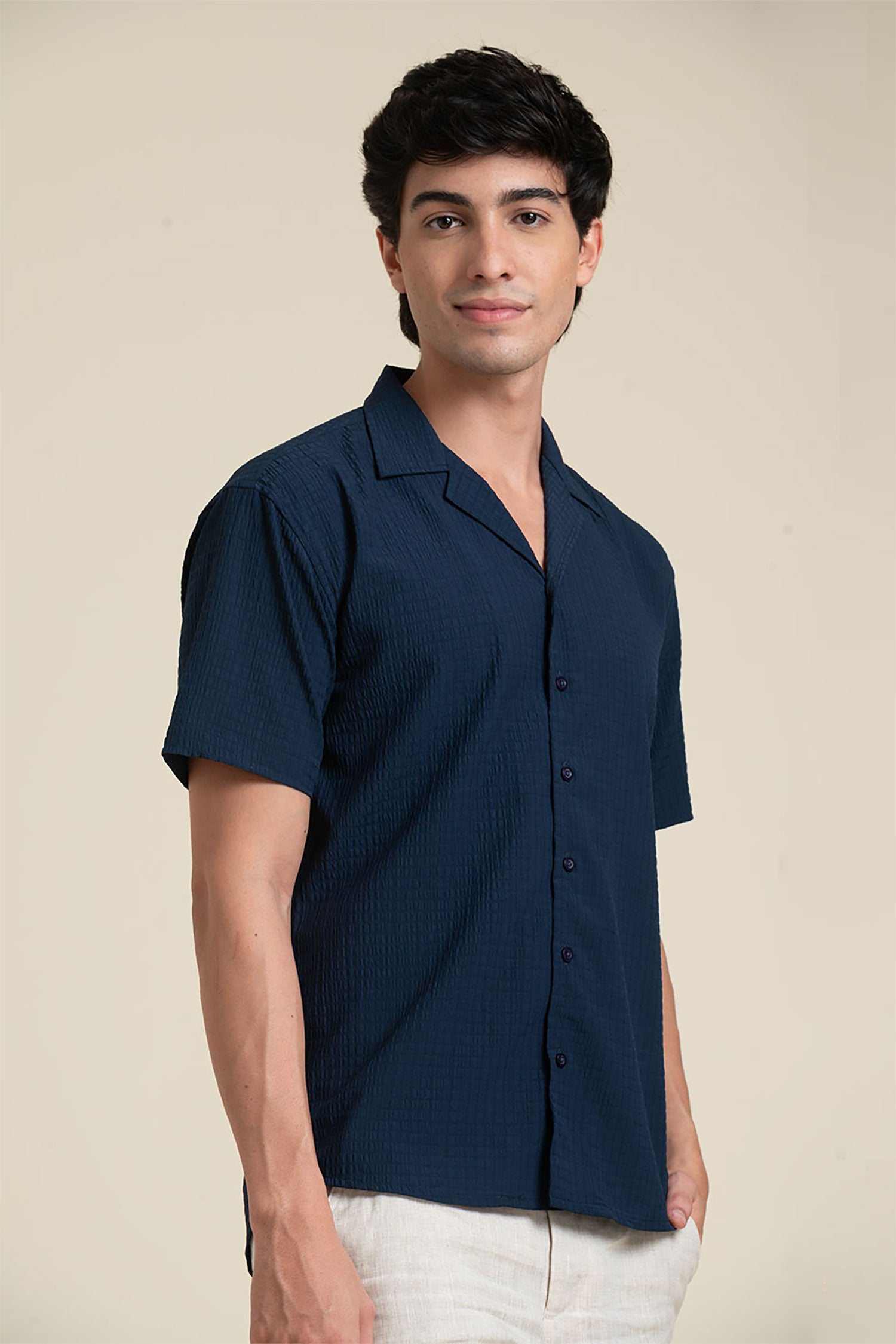 NAVY CUBAN COLLAR HALF SLEEVE SHIRT