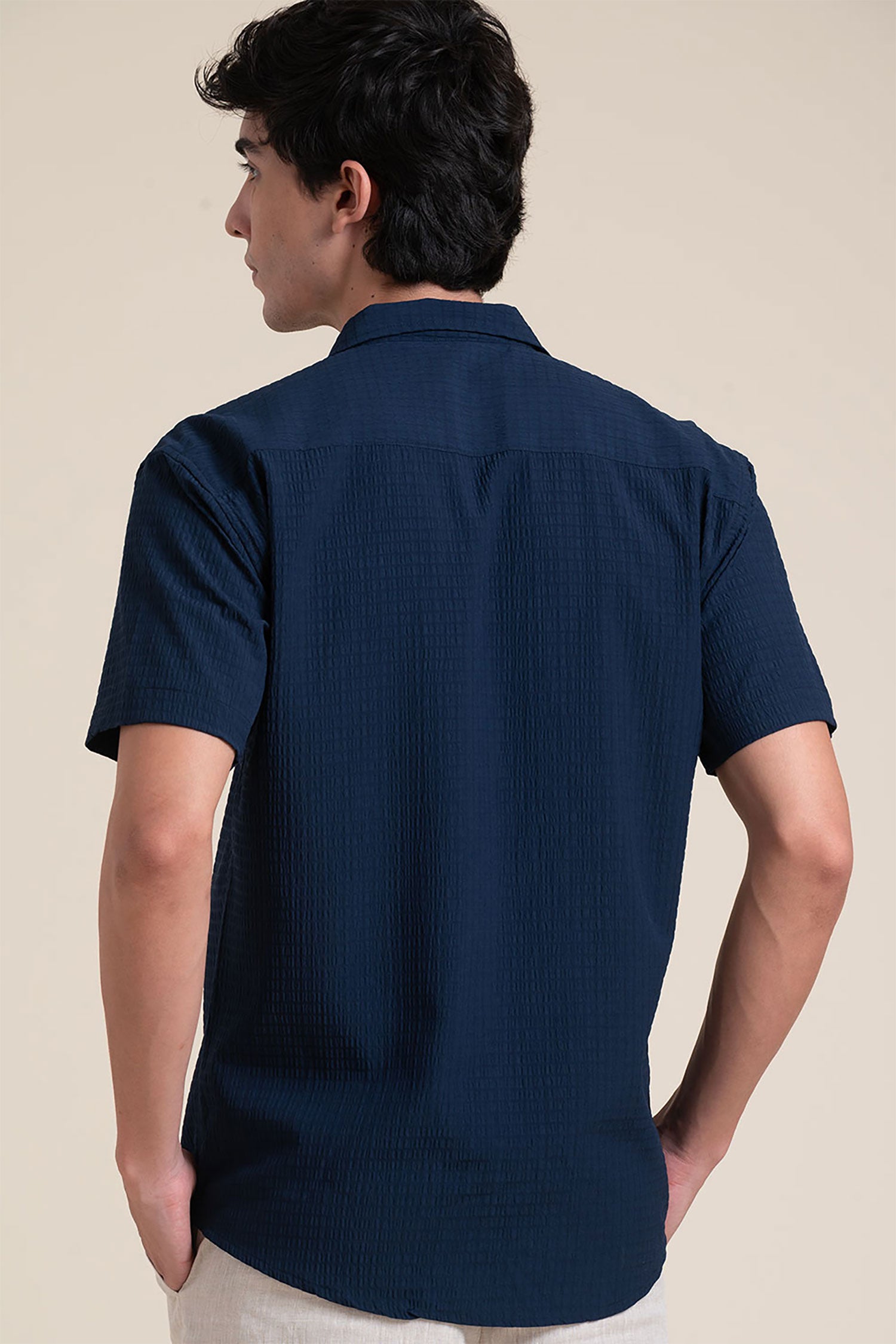 NAVY CUBAN COLLAR HALF SLEEVE SHIRT
