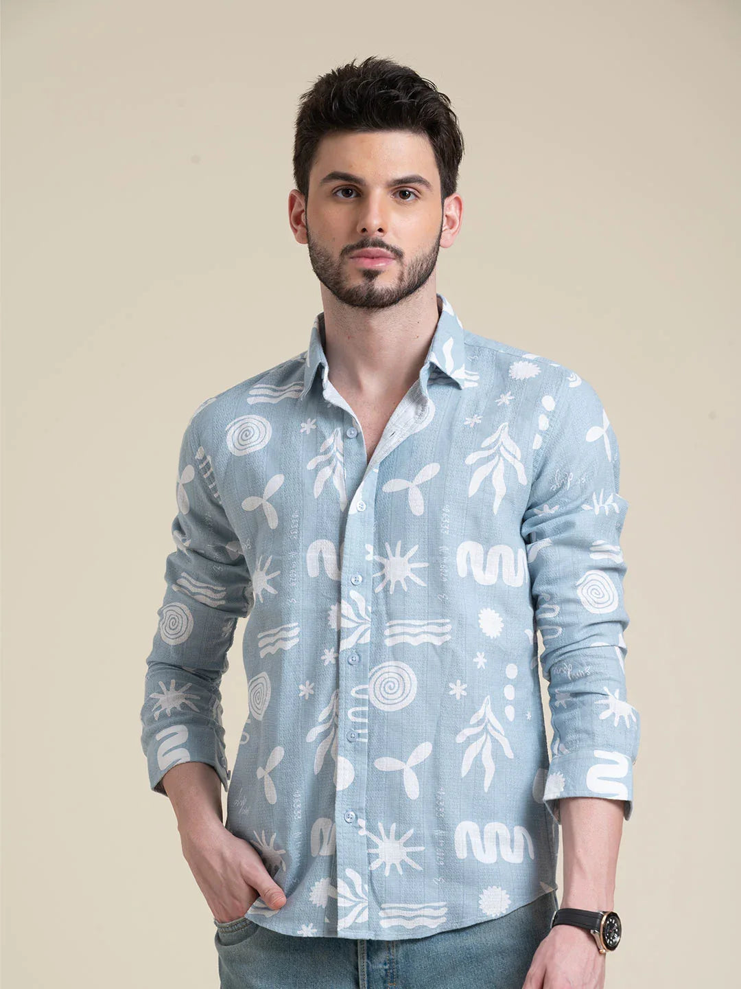 Sky Blue Printed Cotton Shirt