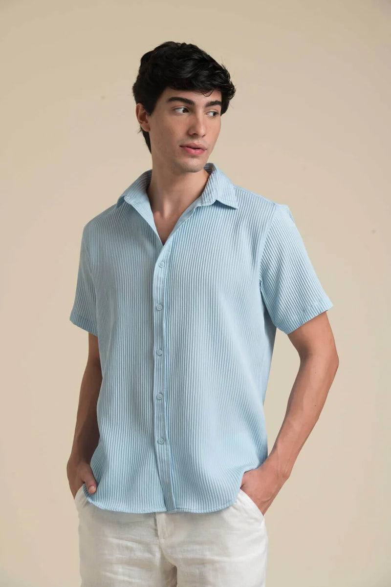 Sky Blue Textured Short Sleeve Shirt