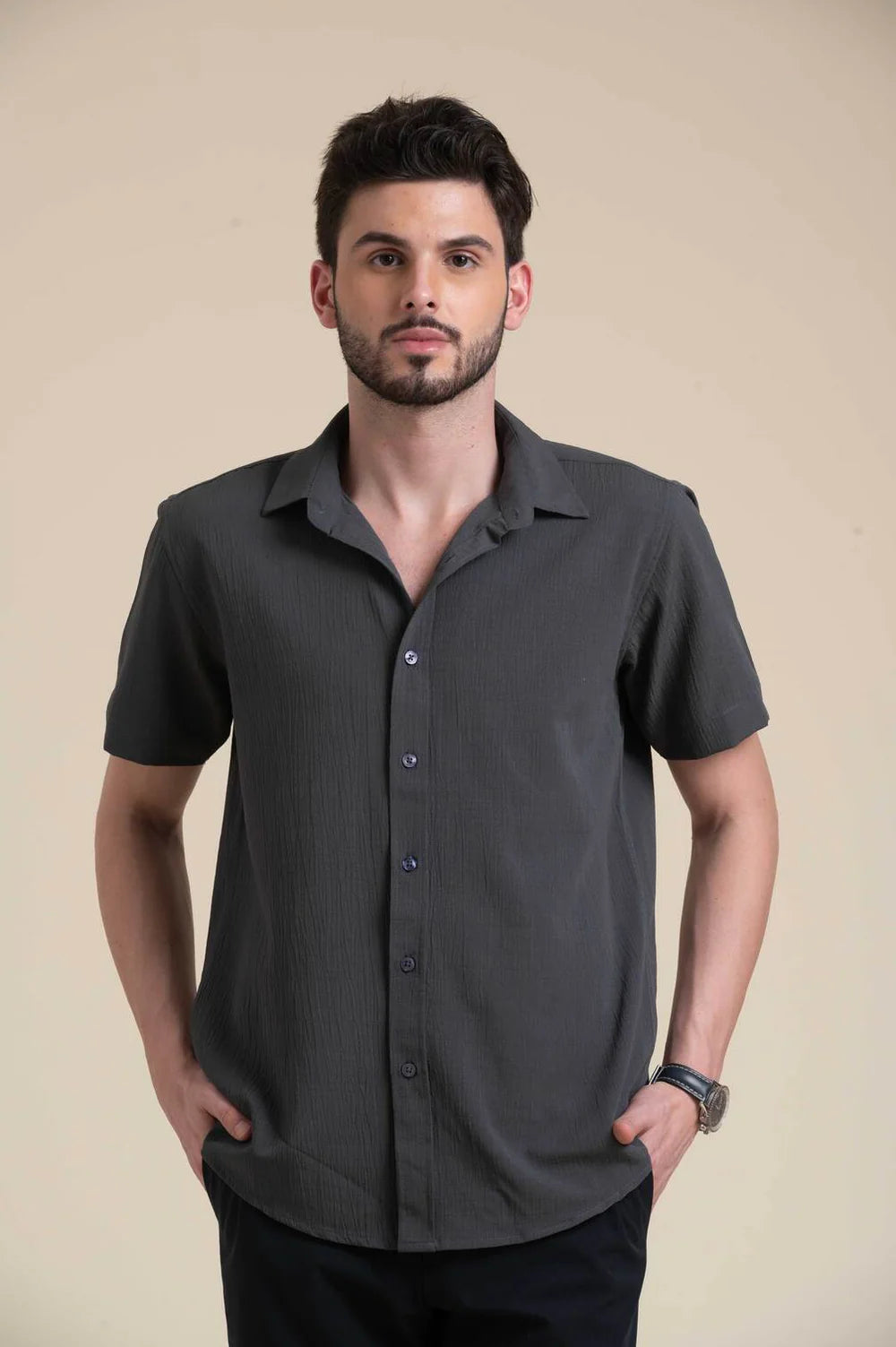 Charcoal Grey Textured Short Sleeve Shirt