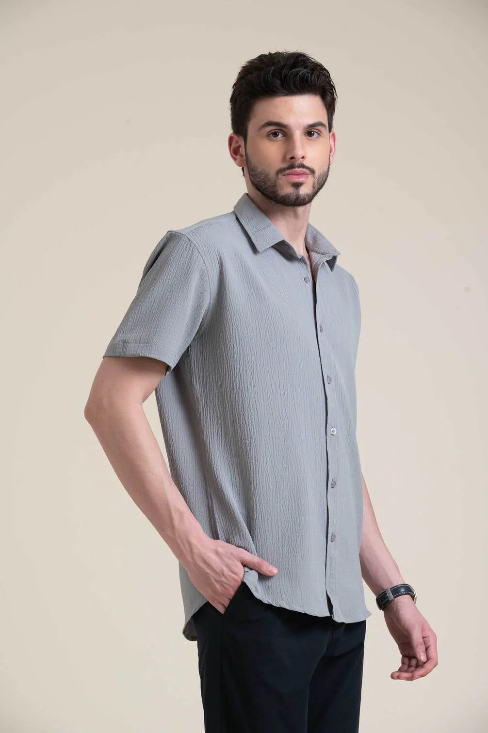 Grey Textured Slim Fit Short Sleeve Shirt