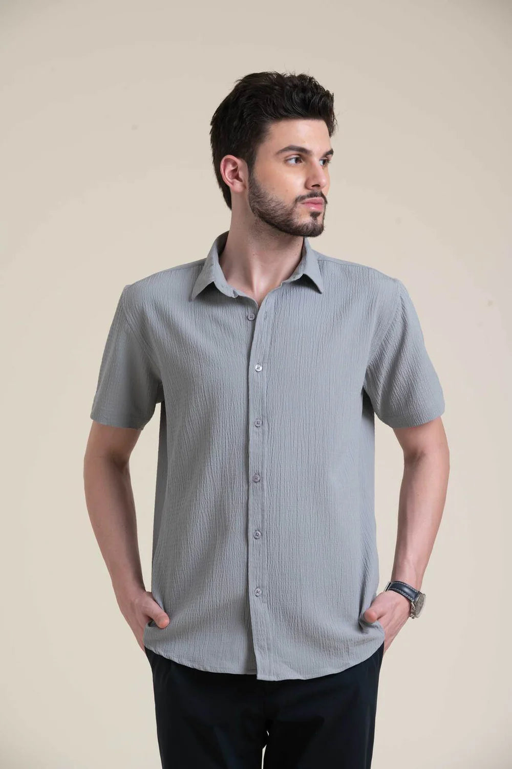 Grey Textured Slim Fit Short Sleeve Shirt