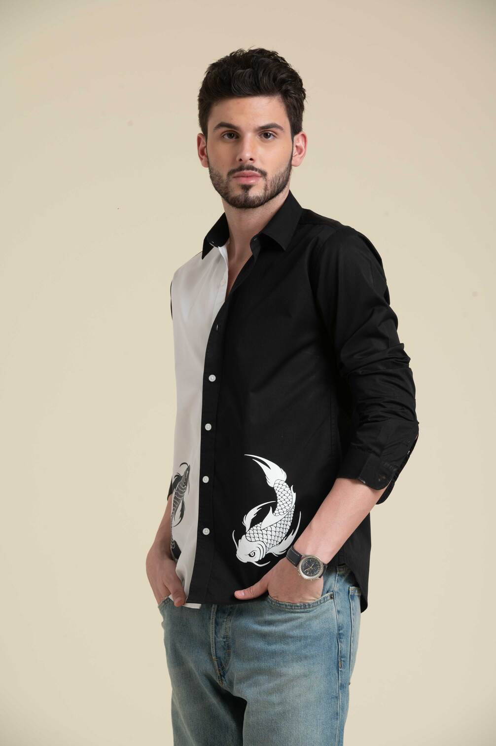 mens-wear-contrast-panel-black-white-asymmetrical-shirt