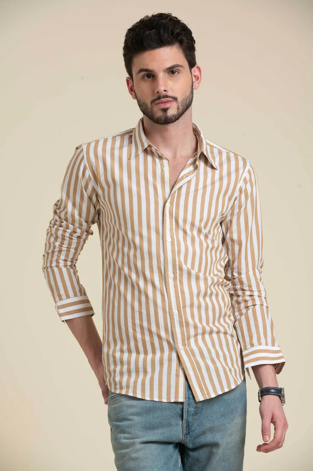 Beige & White Striped Casual Cotton Shirt