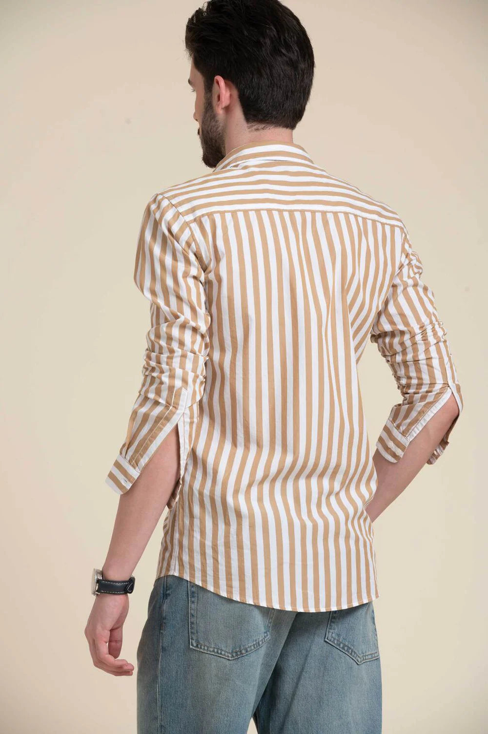 Beige & White Striped Casual Cotton Shirt