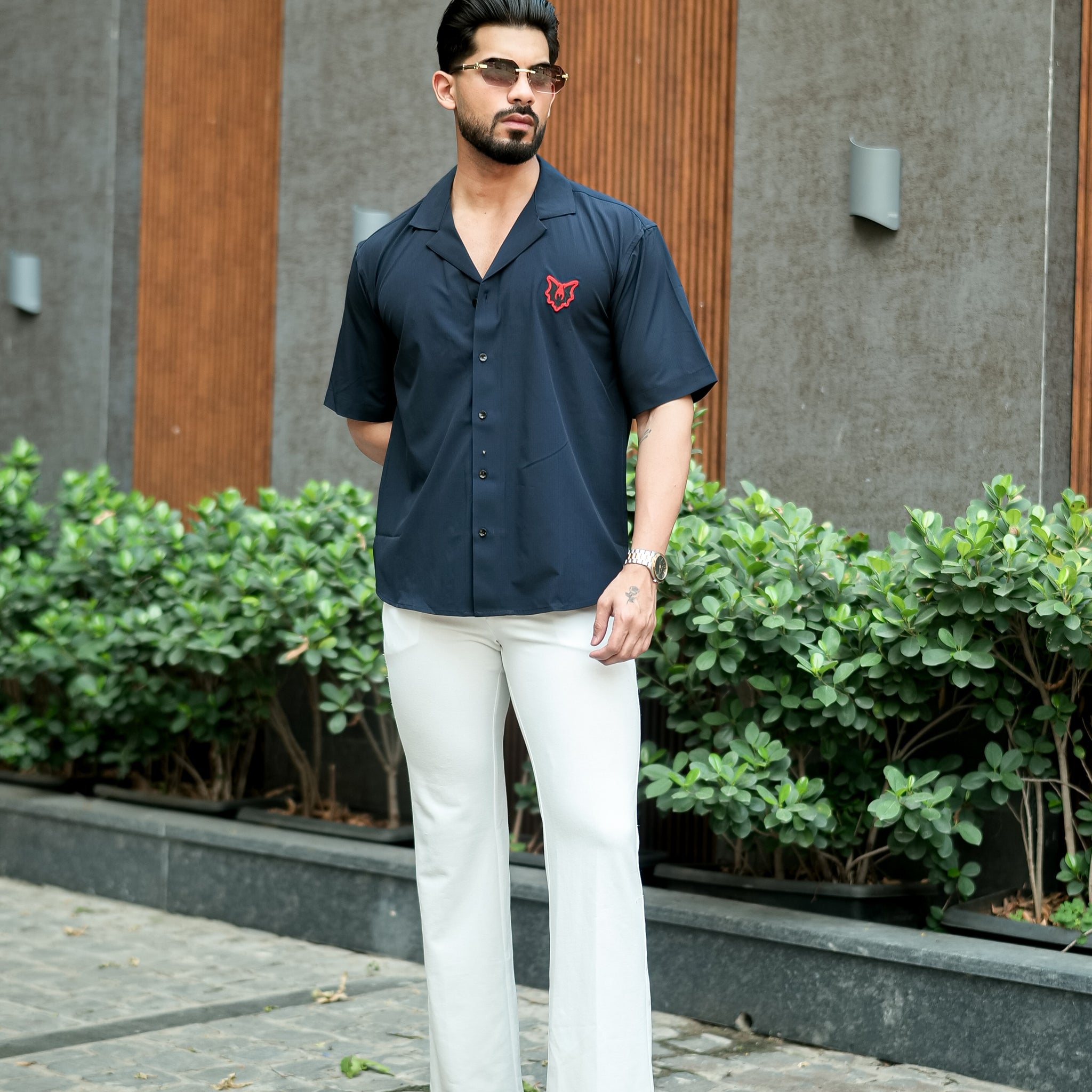Navy Cuban Collar Shirt with Red Wolf Embroidery – Effortless Edge