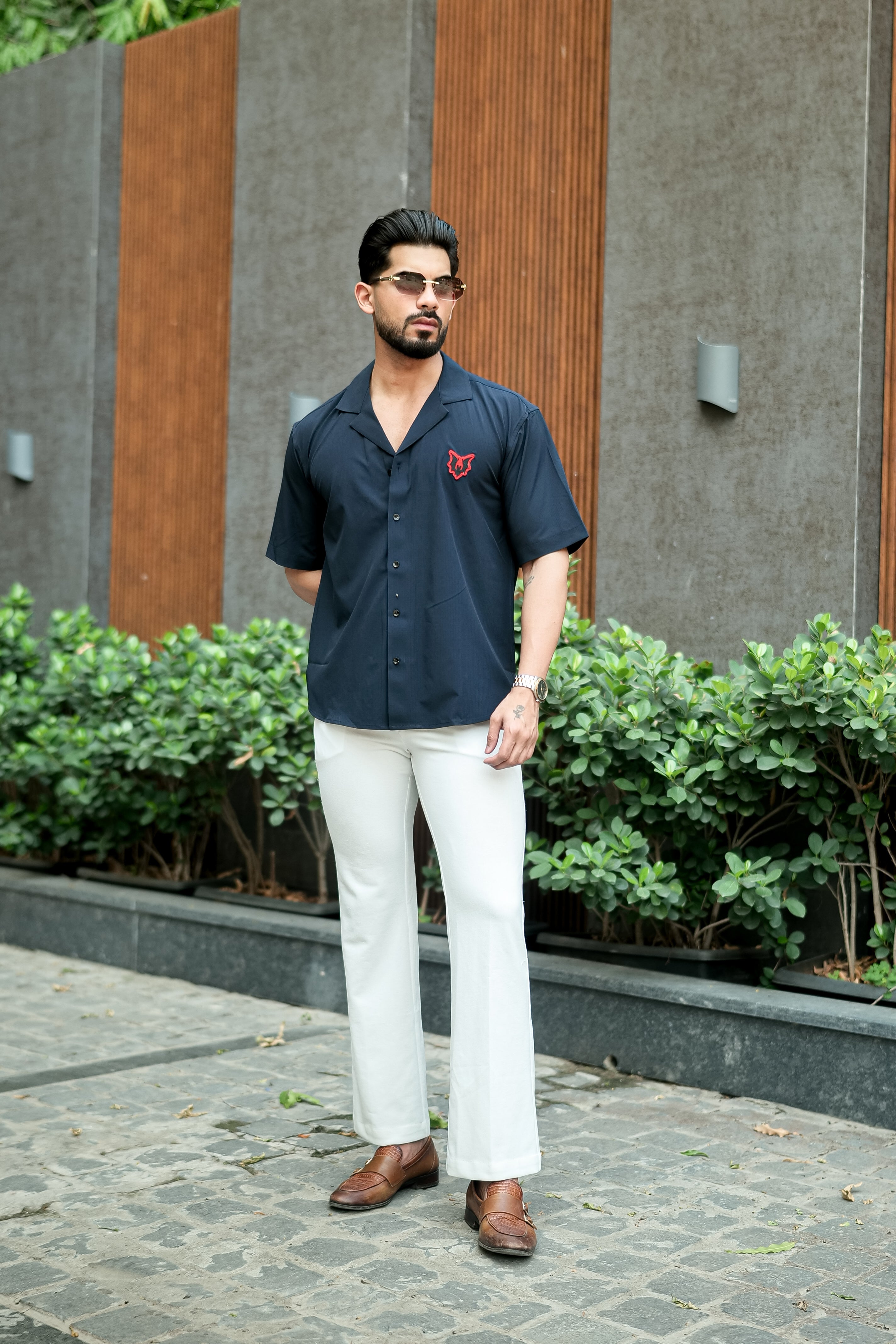 Navy Cuban Collar Shirt with Red Wolf Embroidery – Effortless Edge