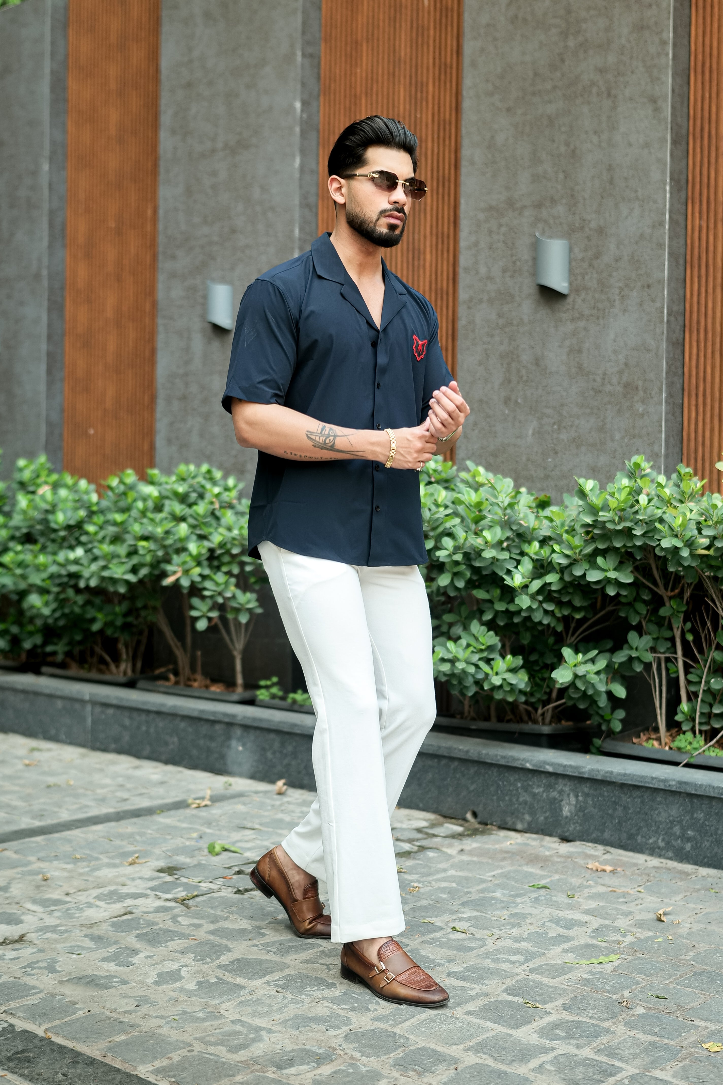 Navy Cuban Collar Shirt with Red Wolf Embroidery – Effortless Edge