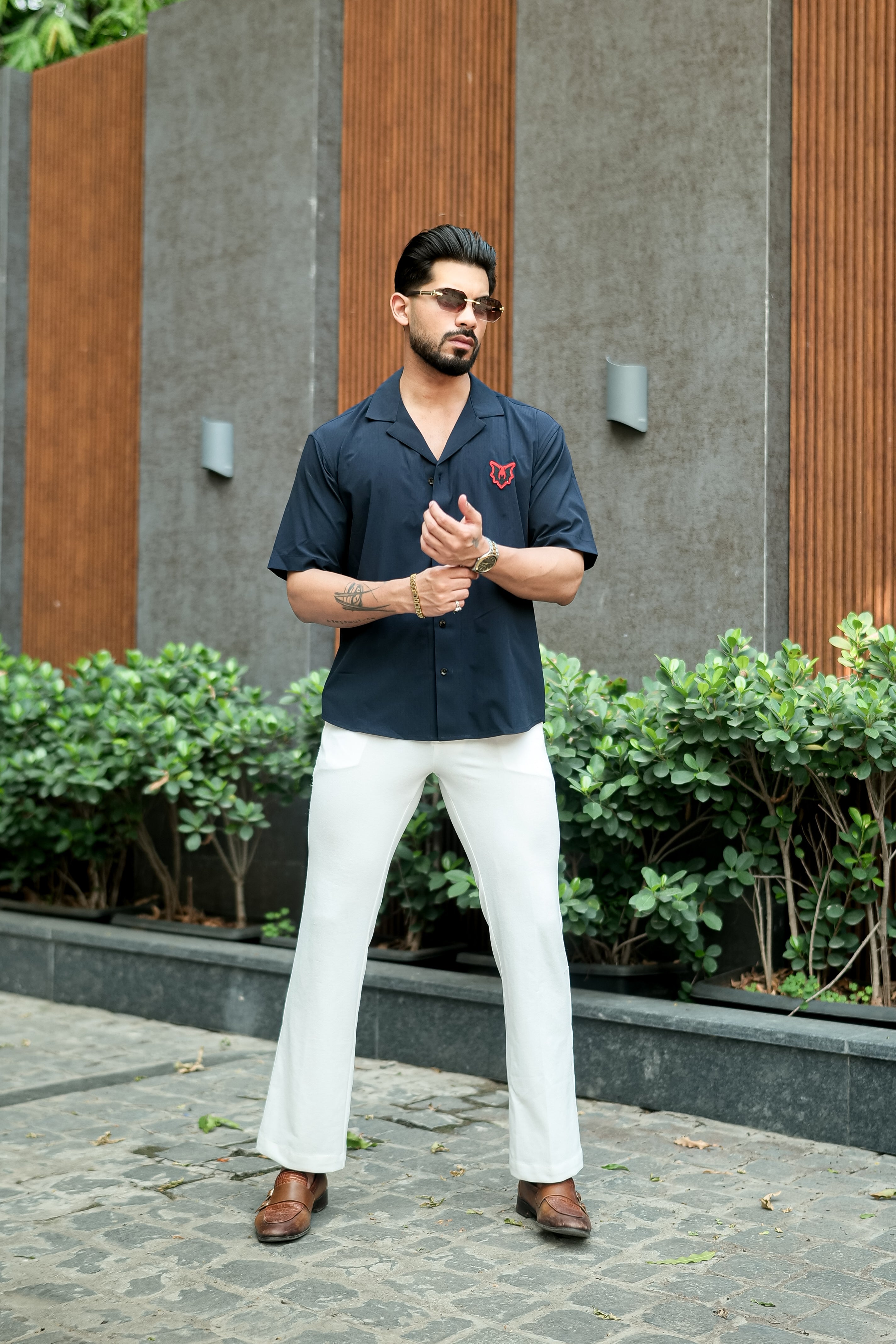 Navy Cuban Collar Shirt with Red Wolf Embroidery – Effortless Edge