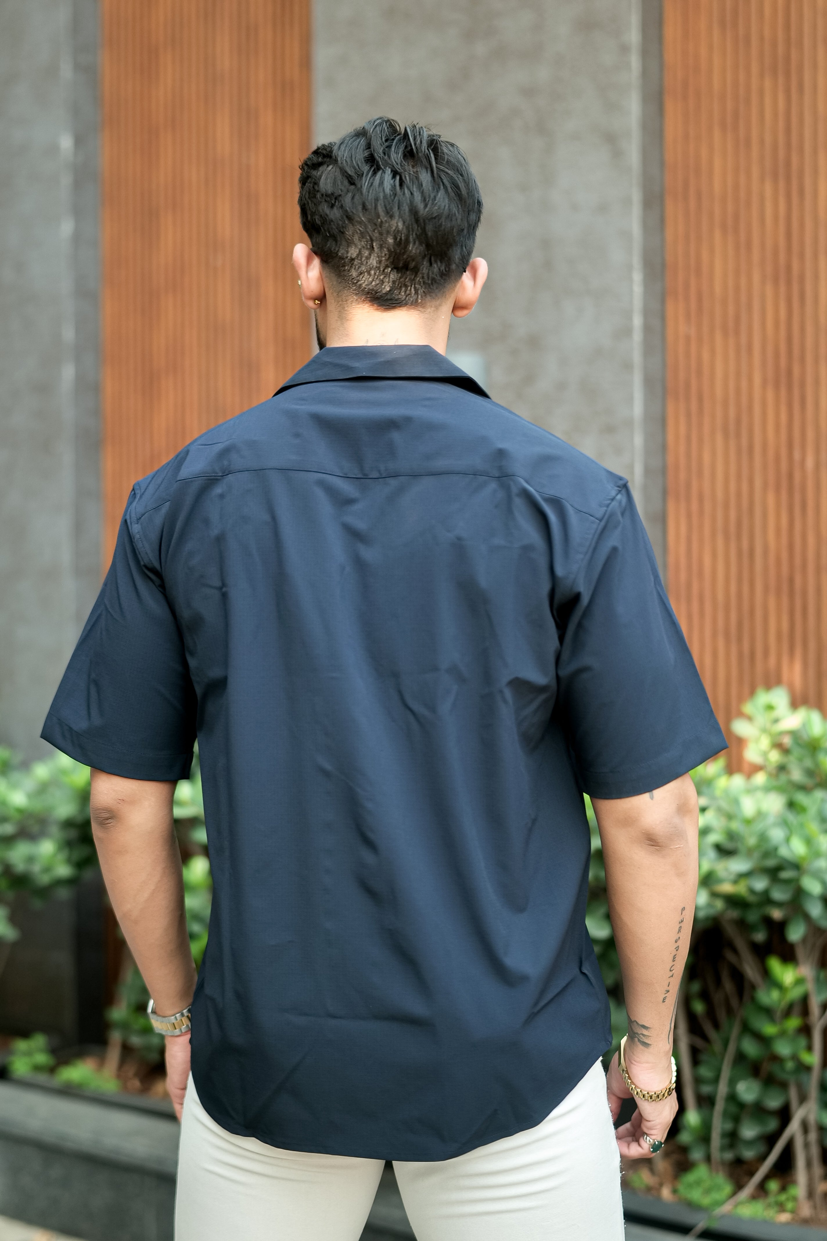 Navy Cuban Collar Shirt with Red Wolf Embroidery – Effortless Edge