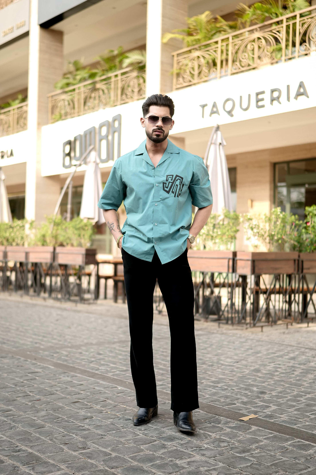 Soft Ciyan Cuban Collar Shirt with Tiger Back Print