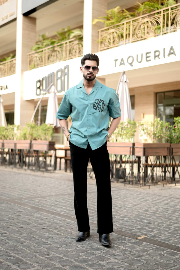 Soft Ciyan Cuban Collar Shirt with Tiger Back Print