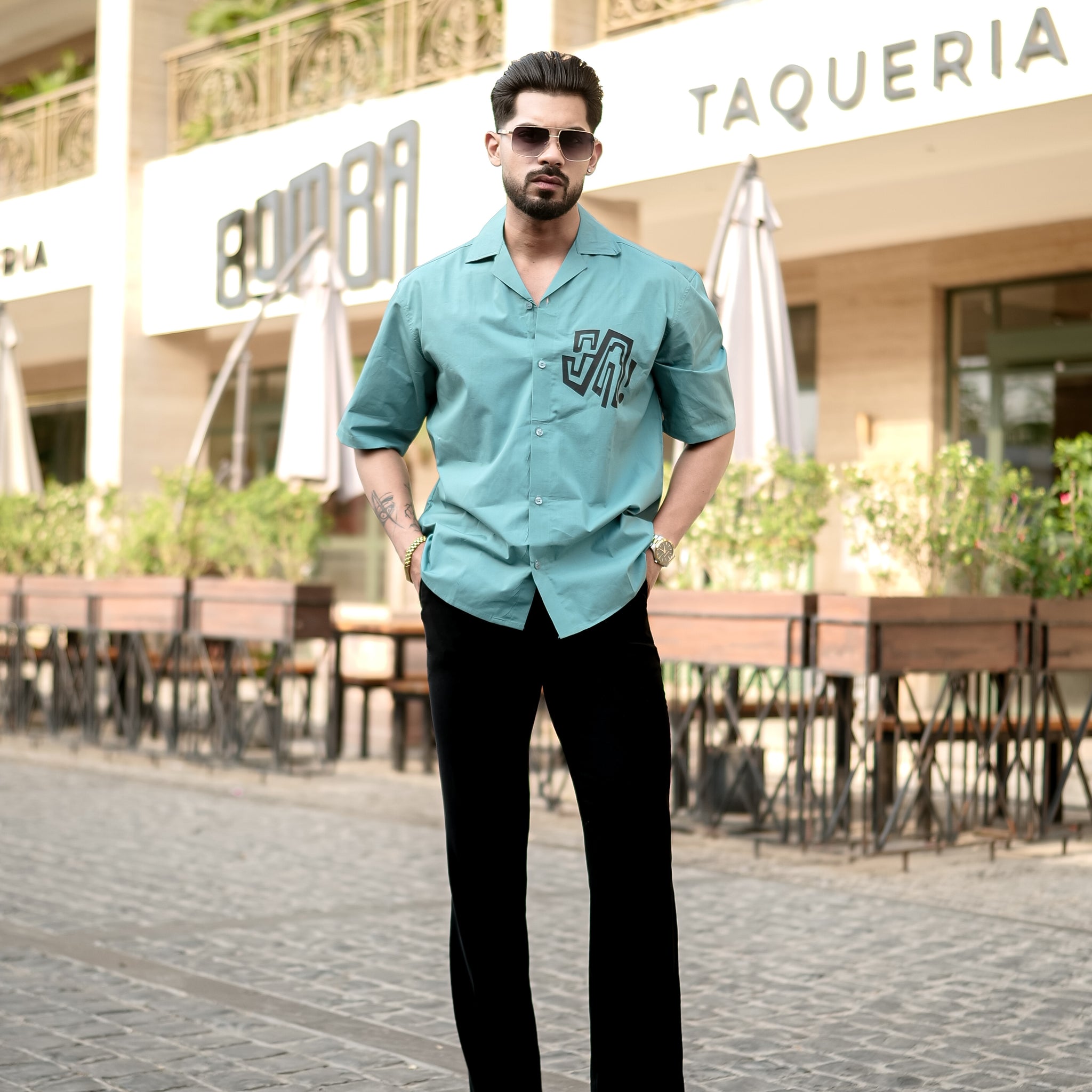 Soft Ciyan  Cuban Collar Shirt with Tiger Back Print