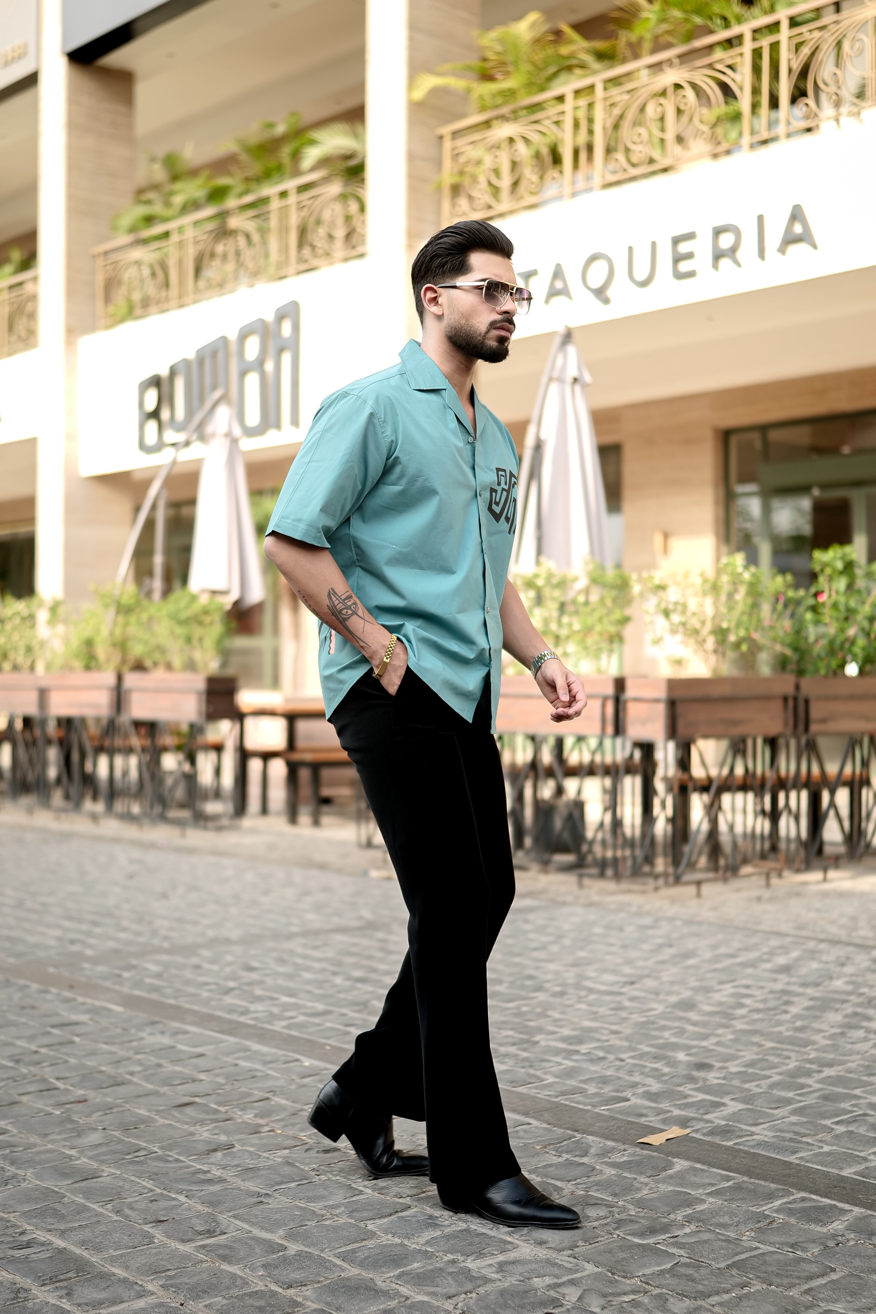 Soft Ciyan  Cuban Collar Shirt with Tiger Back Print