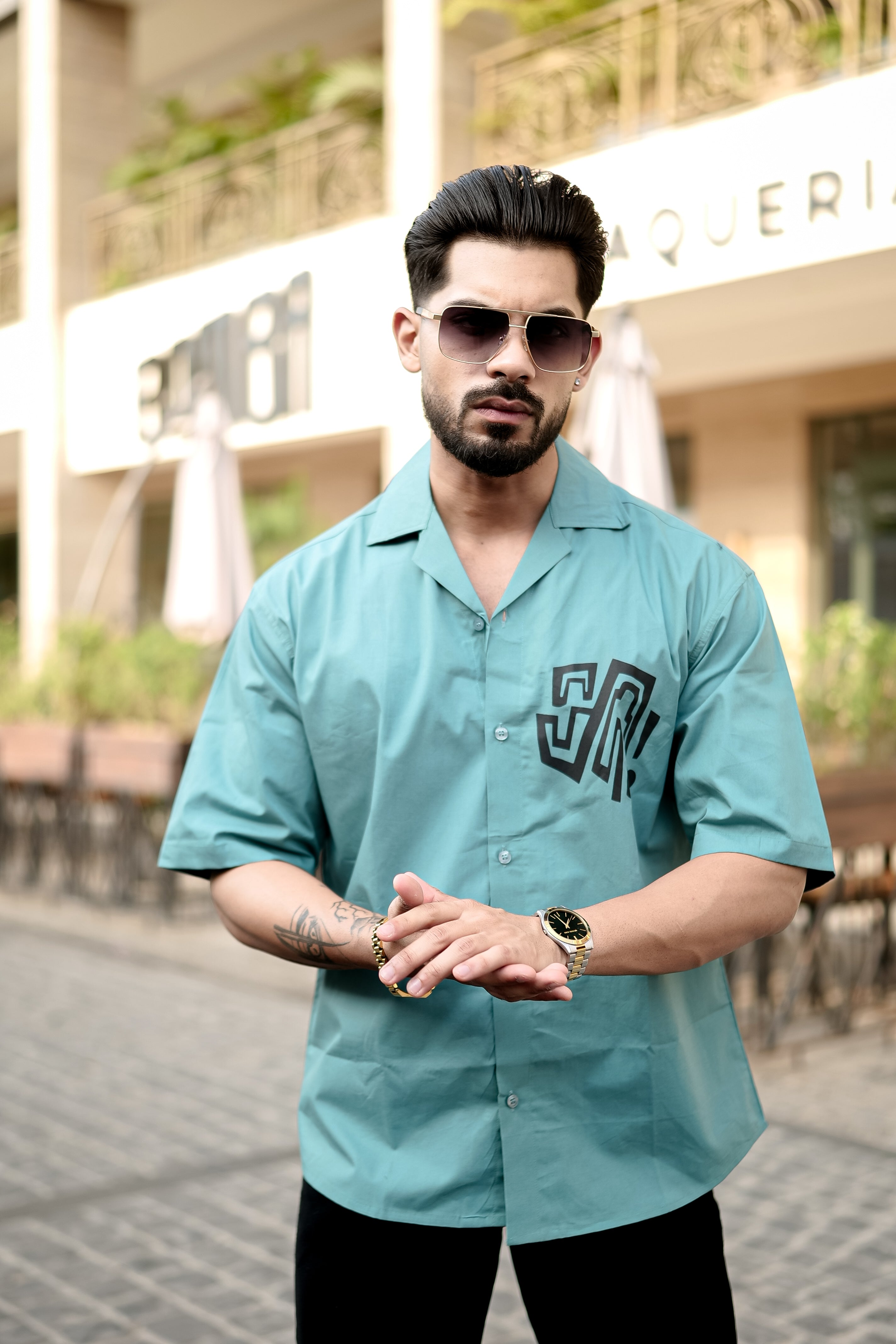 Soft Ciyan  Cuban Collar Shirt with Tiger Back Print