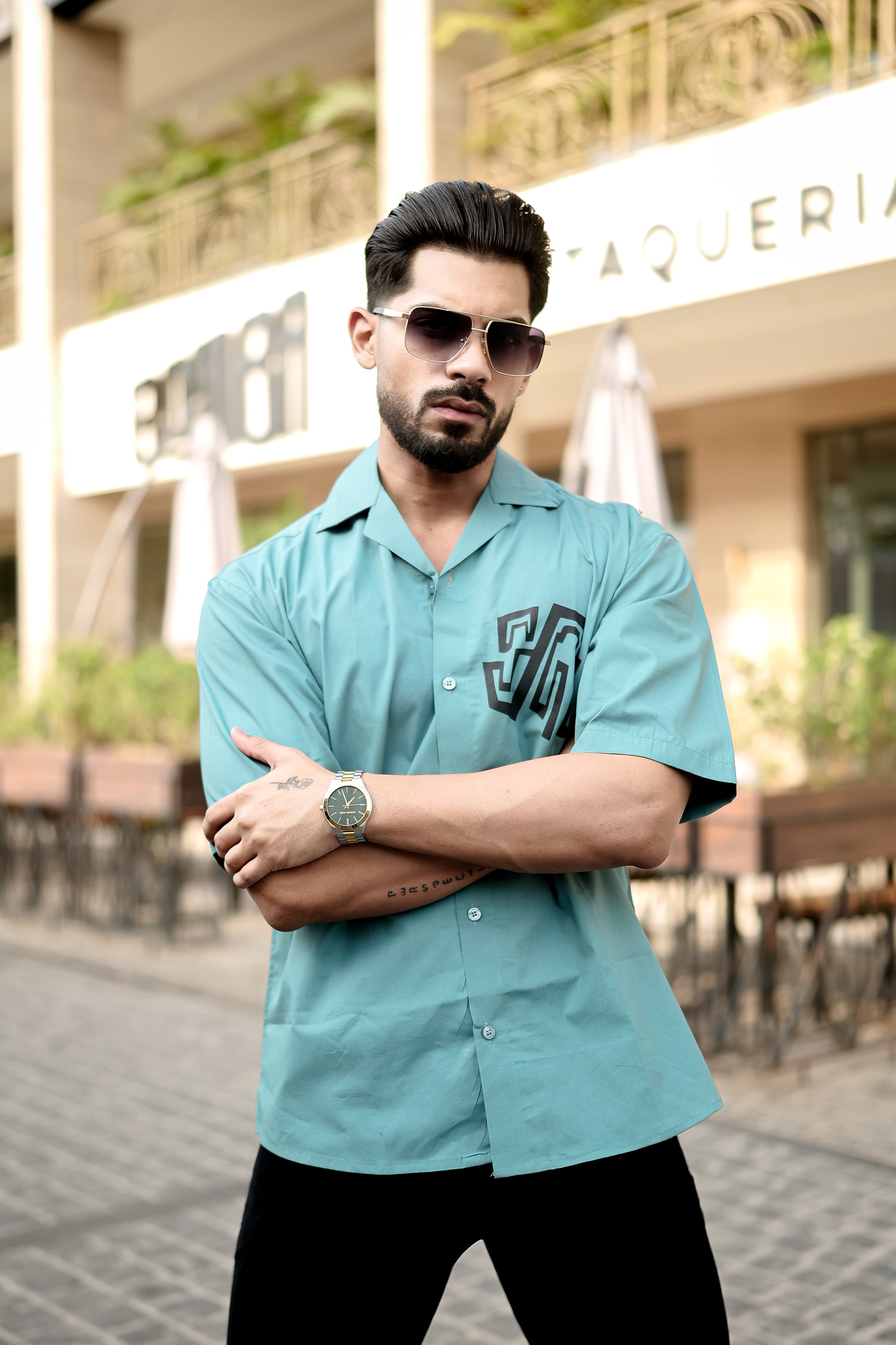 Soft Ciyan  Cuban Collar Shirt with Tiger Back Print