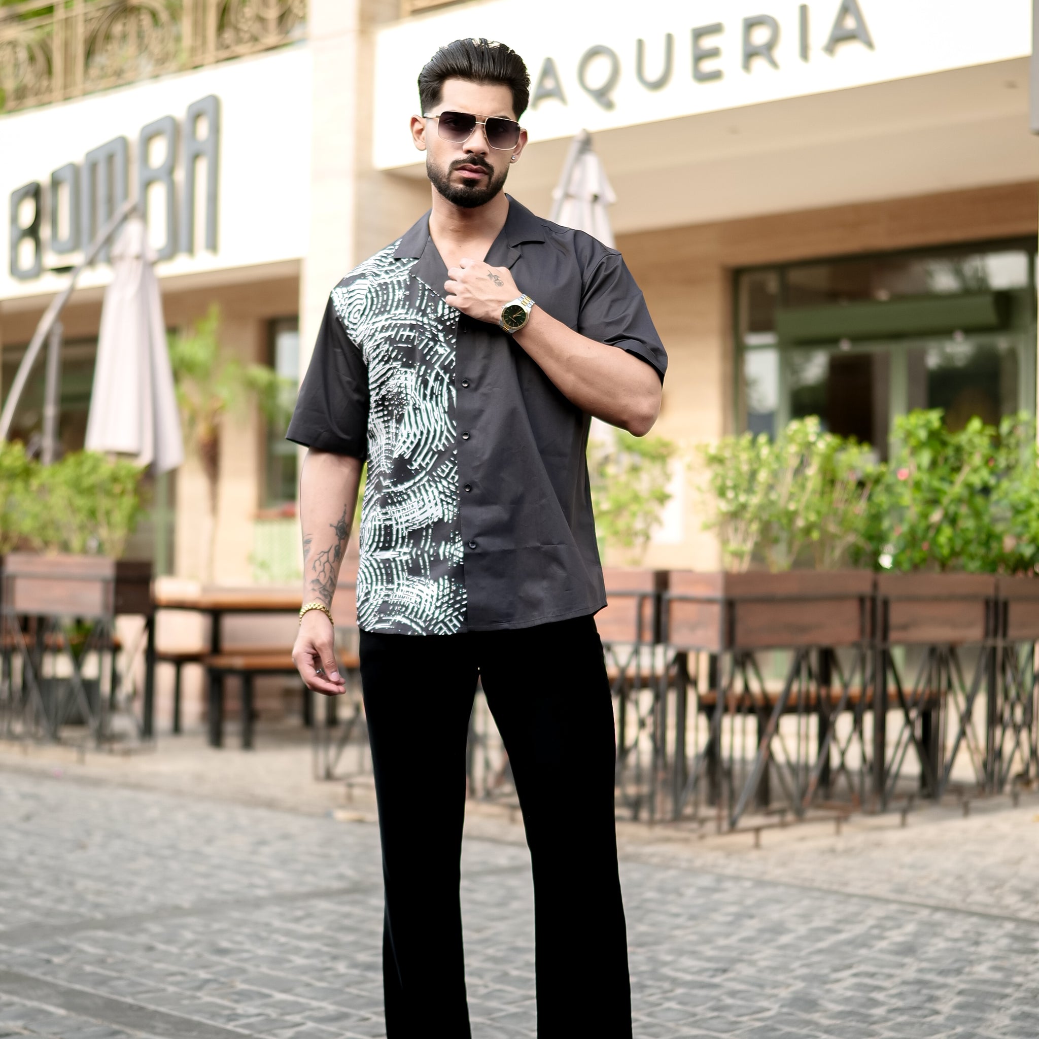 Monochrome Echo Abstract Print Cuban Collar Shirt – Statement Street Style in Black & White