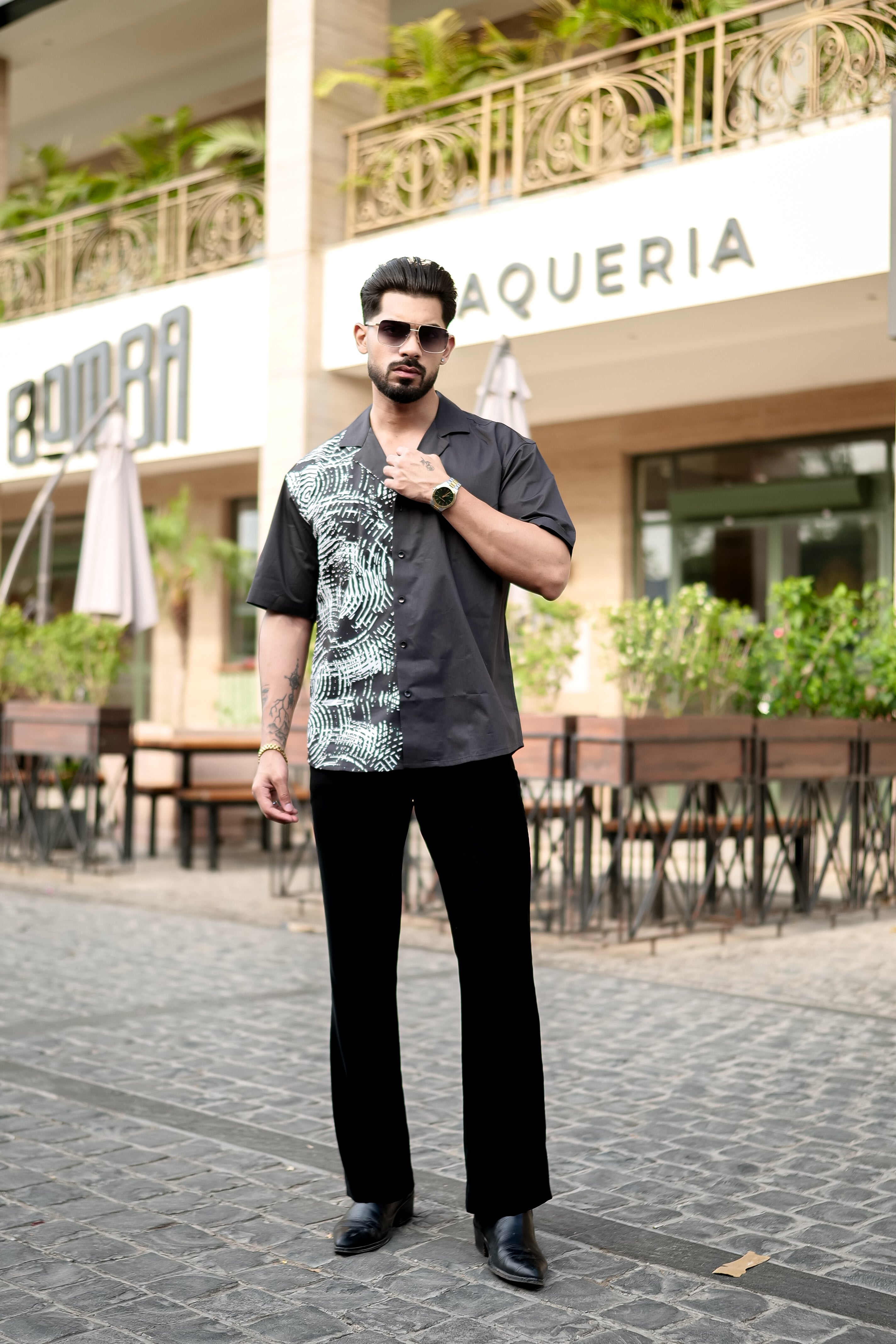 Monochrome Echo Abstract Print Cuban Collar Shirt – Statement Street Style in Black & White