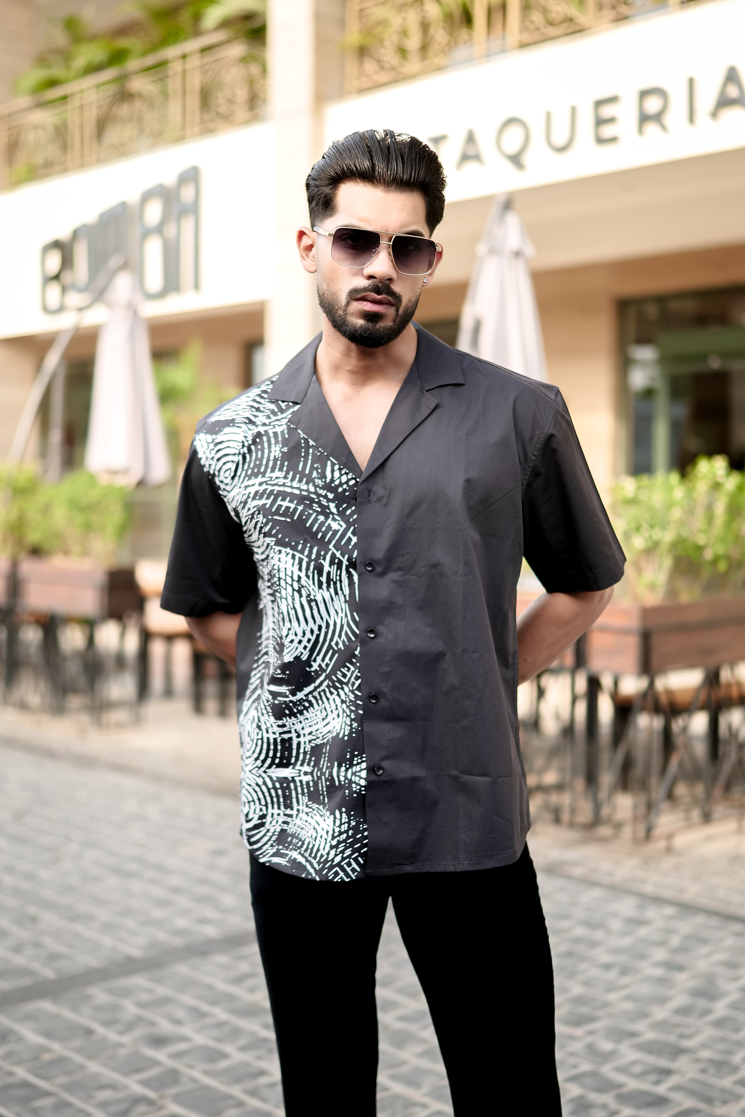 Monochrome Echo Abstract Print Cuban Collar Shirt – Statement Street Style in Black & White