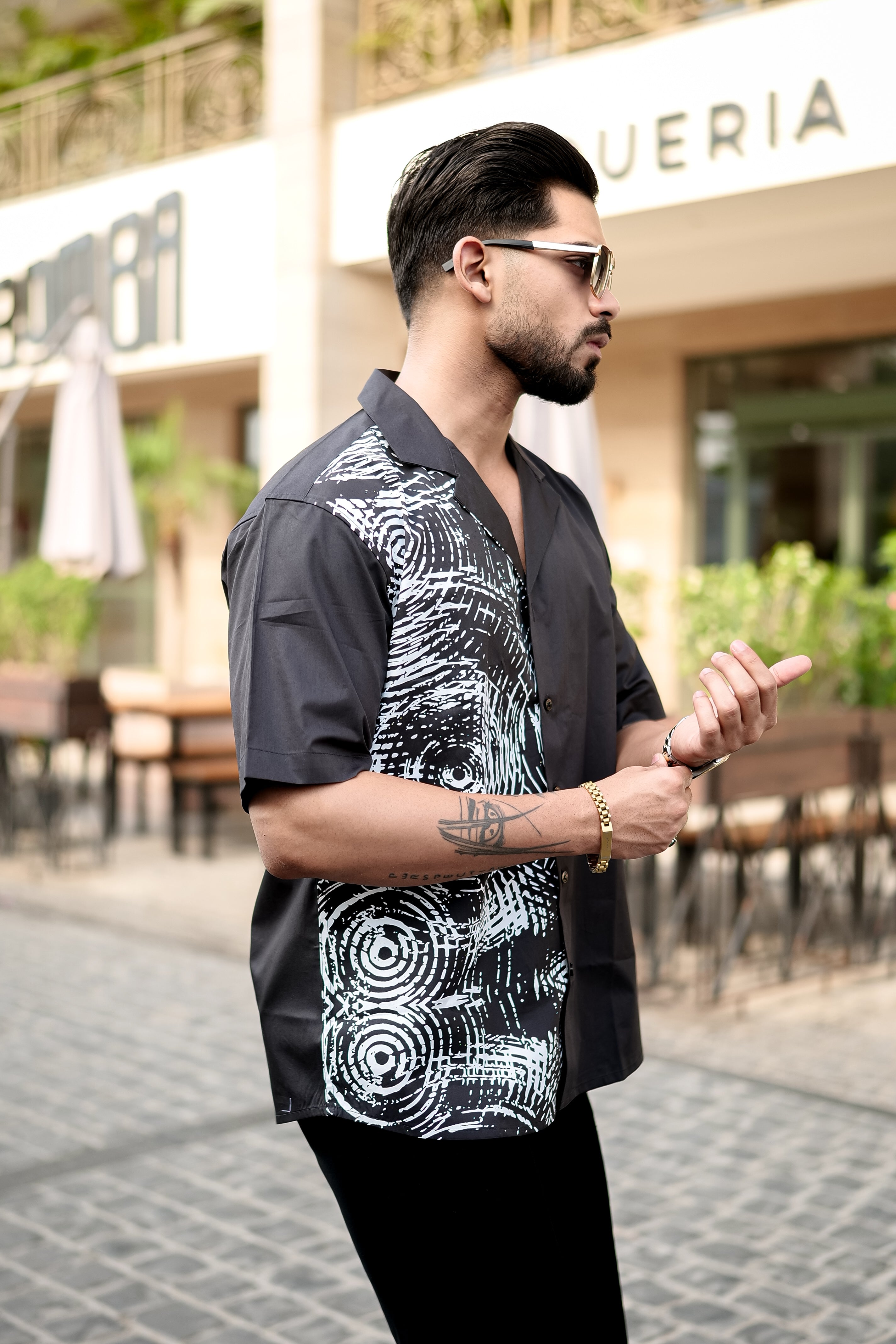 Monochrome Echo Abstract Print Cuban Collar Shirt – Statement Street Style in Black & White