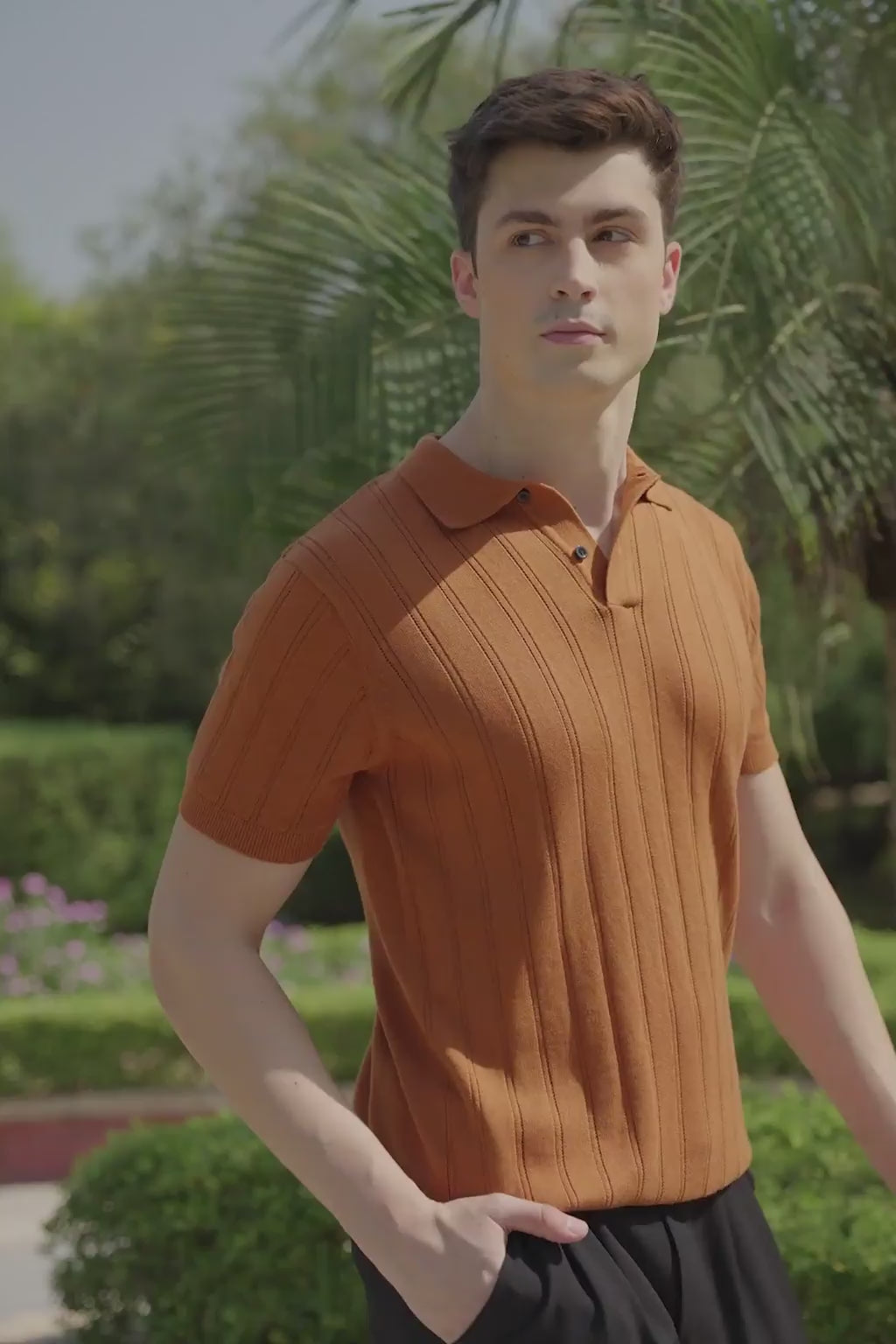 Rust Orange Ribbed Knit Polo Shirt